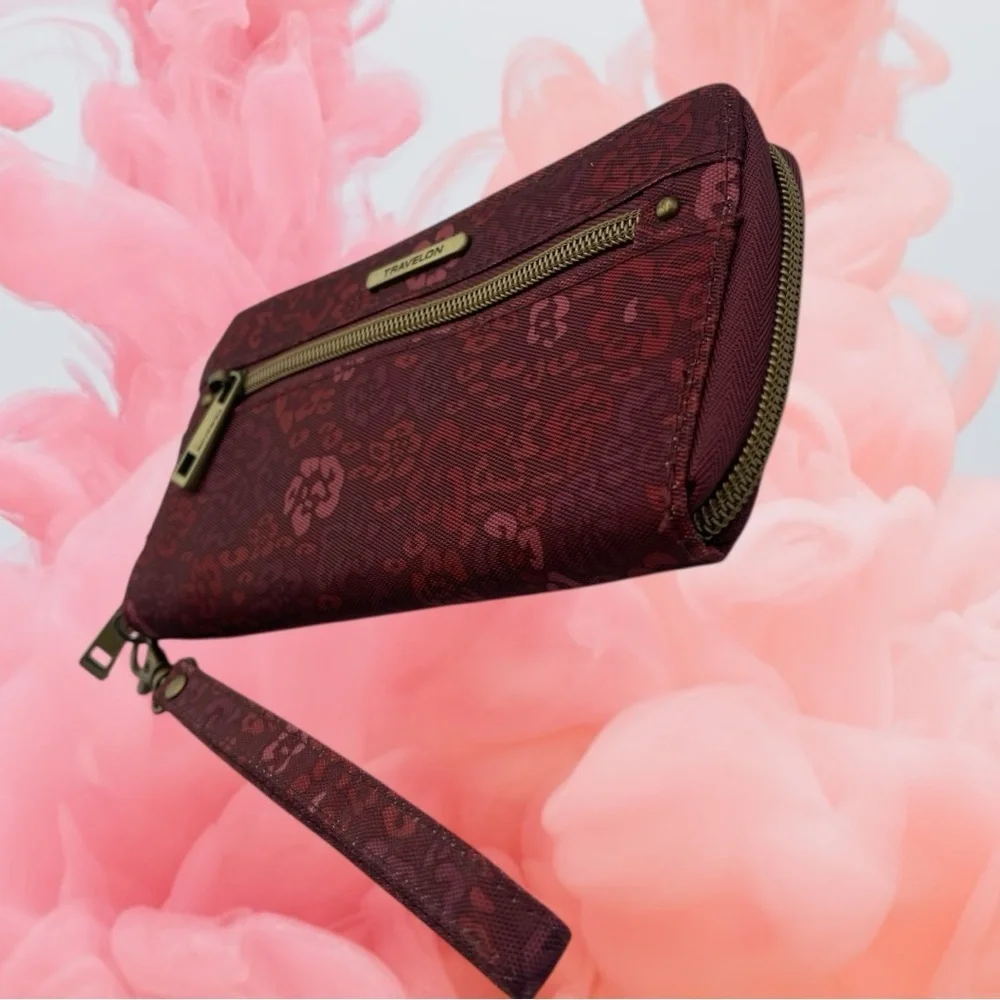 Travelon RFID Blocking Single Zip Wallet Floral Burgundy Rose Design